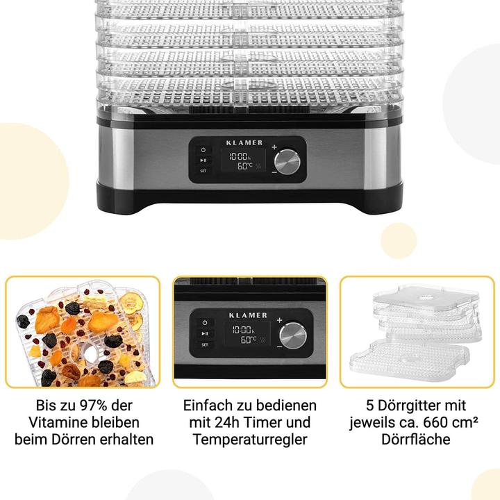 Actual product image KLAMER Dörrautomat 400W, Edelstahl mit 5 Einlegefächern, BPA frei