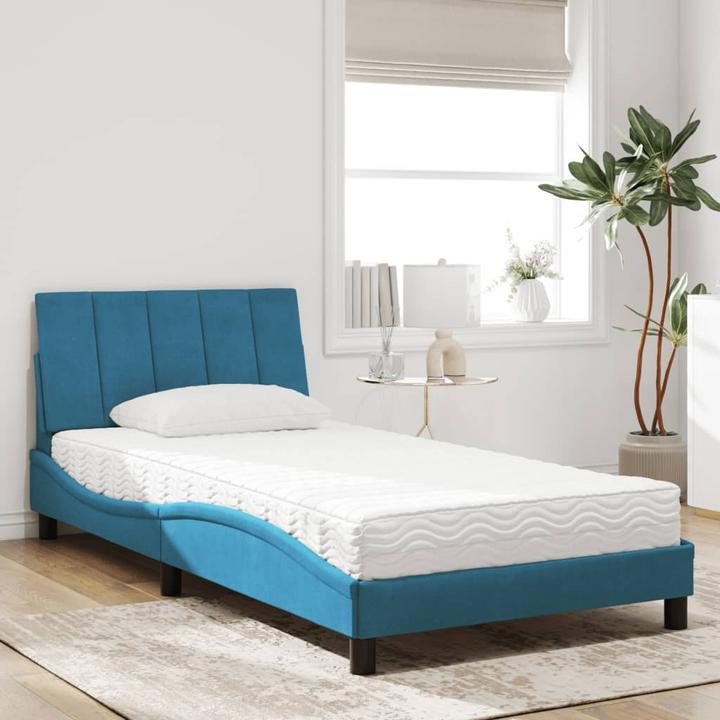 Actual product image VidaXL Bed Upholstered bed Bed frame Single bed with mattress Blue 100x200cm Velvet (100 x 200 cm)