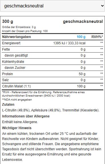 Valeurs nutritives et ingrédients Biotech USA Citrulline Malate (1 pièce(s), Poudre, 300 g)