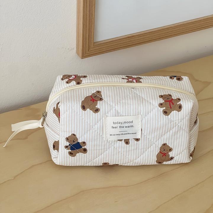Only-Bags.Store Kuschelige gesteppte Teddybär-Kosmetiktasche - perfekt für Reise oder Schule - weiches