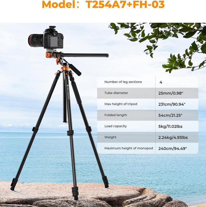 Actual product image K&F Concept T254A7+FH-03 Magnesium Aluminum Alloy Tripod (Metal)