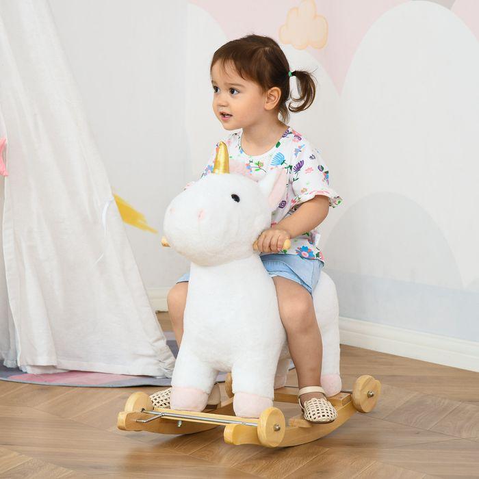 Immagine prodotto Swisshandel24 Cavallo a dondolo 2-IN-1 Animale a dondolo con ruote Peluche Bianco 63 x 38 x 63 cm