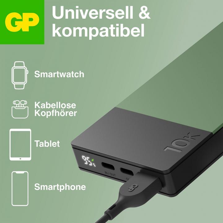 Immagine prodotto GP Batteries GP PowerBank M2+ 10C 10000mAh 2xUSB-C/1xUSB-A display a LED verde (10000 mAh, 22.50 W, 37 Wh)