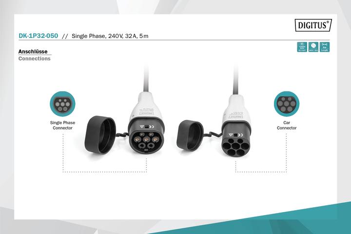 Image du produit Digitus Single phase 32A - Type 2 to Type 2 charging cable (Type 2, 7.40 kW, 32 A, 5 m)