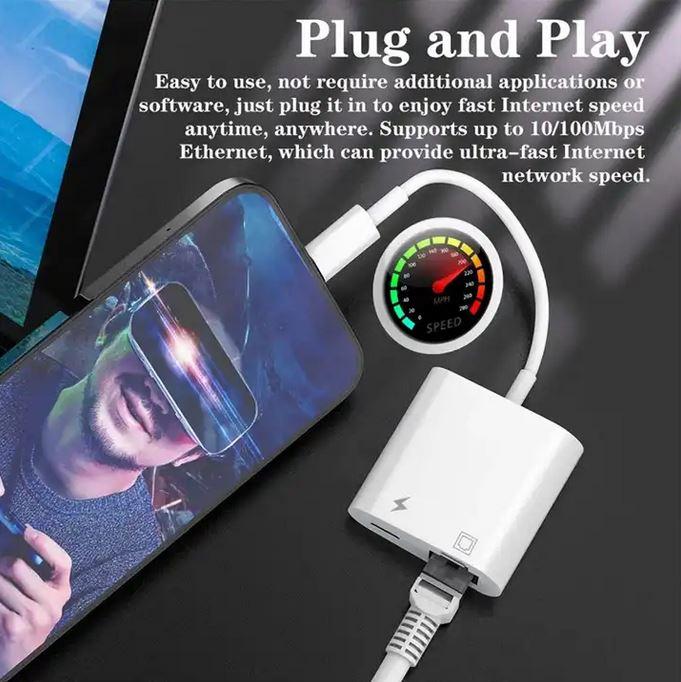 Image du produit PhoneLook Adaptateur multiport Lightning vers RJ45 Ethernet LAN avec port d'alimentation USB-C
