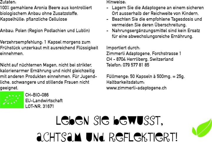 Nährwerte und Zutaten Zimmerli Adaptogene Aronia Kapseln (BIO) 50 Kapseln (1 Stück, Kapseln, 25 g)