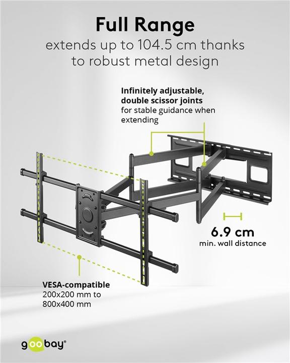 Image du produit Goobay Support TV mural Pro FULLMOTION XL WideRange 43-90z ciseaux rotatif/incliné 80kg (Mur, 90", 80 kg)