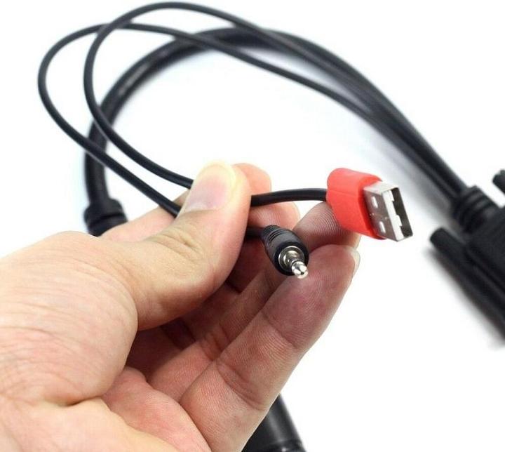 Produktbild JTI VGA-zu-HDMI-Konverter mit USB- und 3,5-mm-Kabeln