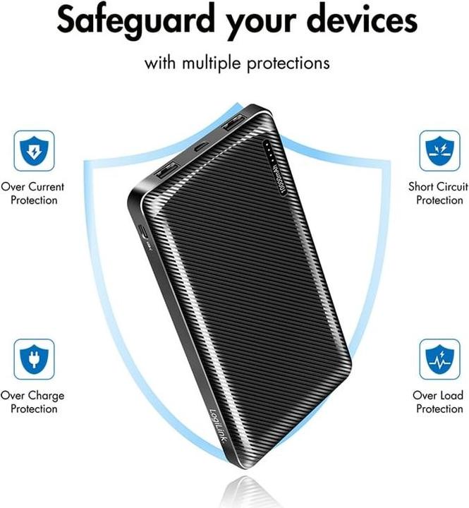 Produktbild LogiLink Powerbank 10000 mAh, 2x USB-A, USB-C, micro-USB, mit Schnellladenfunktion, schwarz (10000 mAh, 12 W)