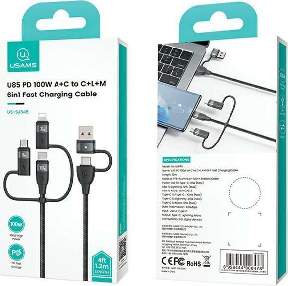 Immagine prodotto Usams US-SJ645 U85 PD100W Cavo di ricarica rapida da A+C a C+L+M 6in1 da 1,2 m (1.20 m, USB 3.2 Gen 1)