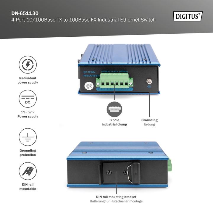 Immagine prodotto Digitus Switch Ethernet industriale da 4 porte 10/100Base-TX a 100Base-FX (4 Porti)