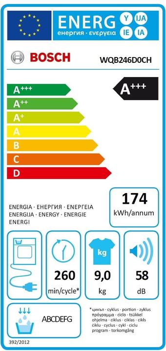 Energy Label Bosch Hausgeräte WQB246D0CH (9 kg, Right, CH plug)