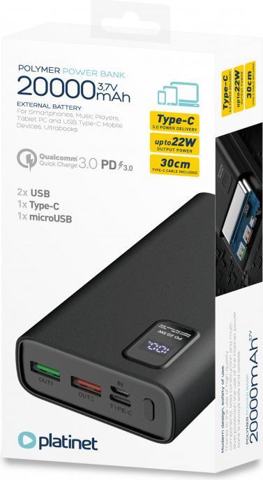Actual product image Platinet power bank PD QC LED, white (20000 mAh, 22.50 W, 74 Wh)