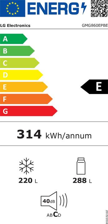 Etichetta energetica LG GMG860EPBE Frigorifero Multidoor Slim InstaView, Classe E, 508L, Wi-Fi, UVnano, Nero (508 l)
