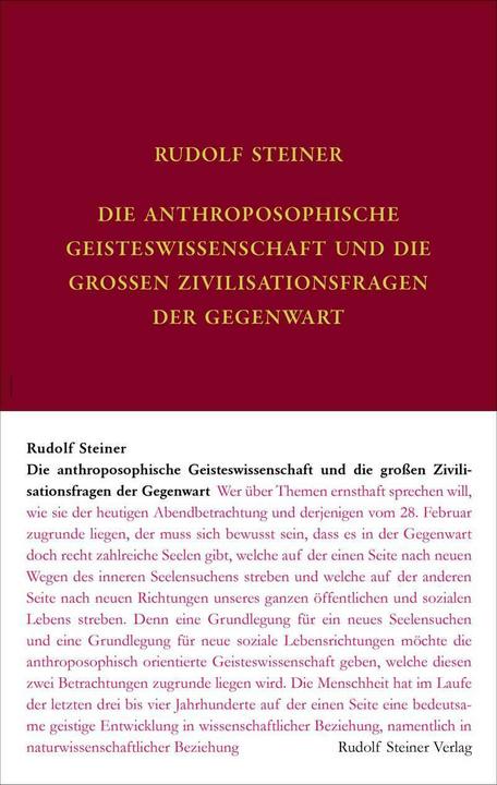 Produktbild Die anthroposophische Geisteswissenschaft und die grossen Zivilisationsfragen der Gegenwart (Deutsch, Rudolf Steiner, 2020)