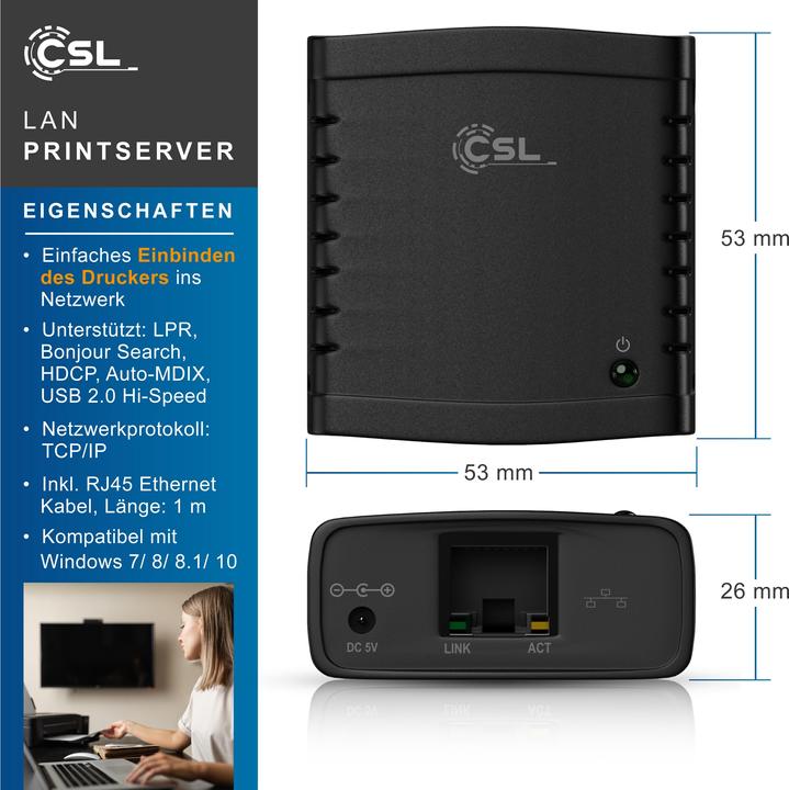 Produktbild CSL LAN Printserver, USB Druckerserver, Netzteil, Fast Ethernet, für PC Windows Vista, XP, 7/8/8.1/10/11
