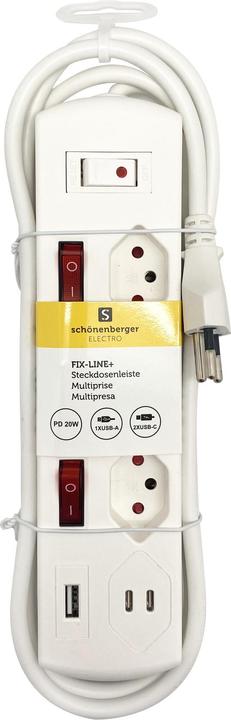 Produktbild Schoenenberger Steckdosenleiste (6 x, Typ 13, USB-A, USB-C, 2 m)