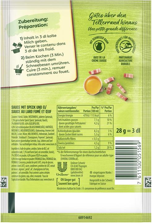 Valori nutrizionali e ingredienti Knorr Salsa per pasta alla carbonara, delicata salsa al formaggio con cubetti di pancetta piccante, per (28 g)