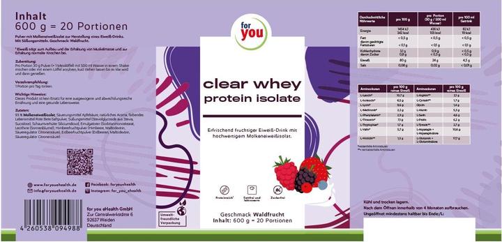 Nutritional values and ingredients For You clear whey protein isolate - forest fruit (Forest fruit, 1 pcs., 600 g)