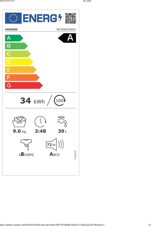 Energie-Label Hisense WF3S9043BW3 (9 kg, Links)