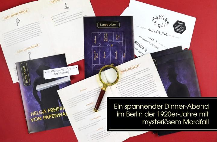 Immagine prodotto Crime & Dine – Das Krimi-Dinner-Set: Babylon Berlin – Das offizielle Spiel zur Serie! (Tedesco, Business Elephant Paperdice Solutions GmbH, 2022)