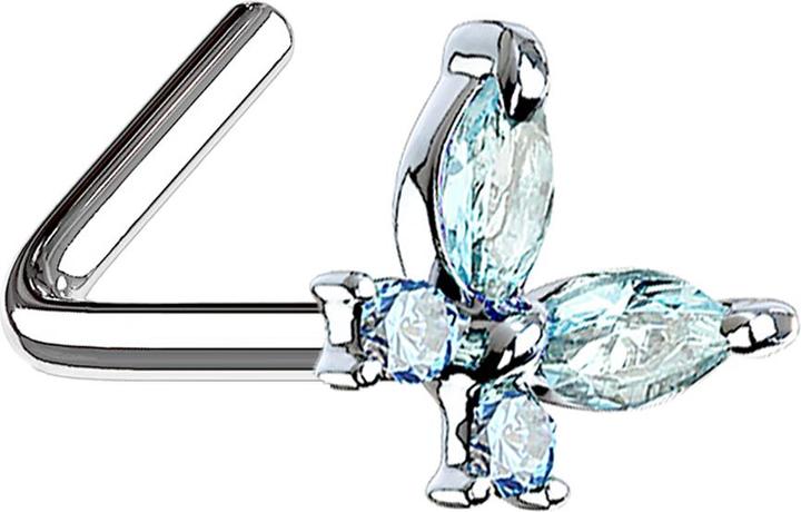 Actual product image Star Piercing Nasenstecker gewinkelt silber Schmetterling mit Kristallen aqua (Surgical steel 316L, Brass)