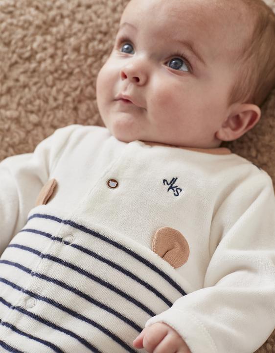 Produktbild Noukies Strampler Velours gestreift mit Bärenohren Ecru/Navy Gr. 74 (74)