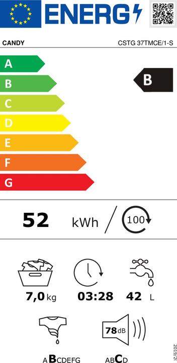 Energy Label Candy Smart Inverter CSTG 37TMCE/1-S Washing Machine Loading (7 kg, Downwards)