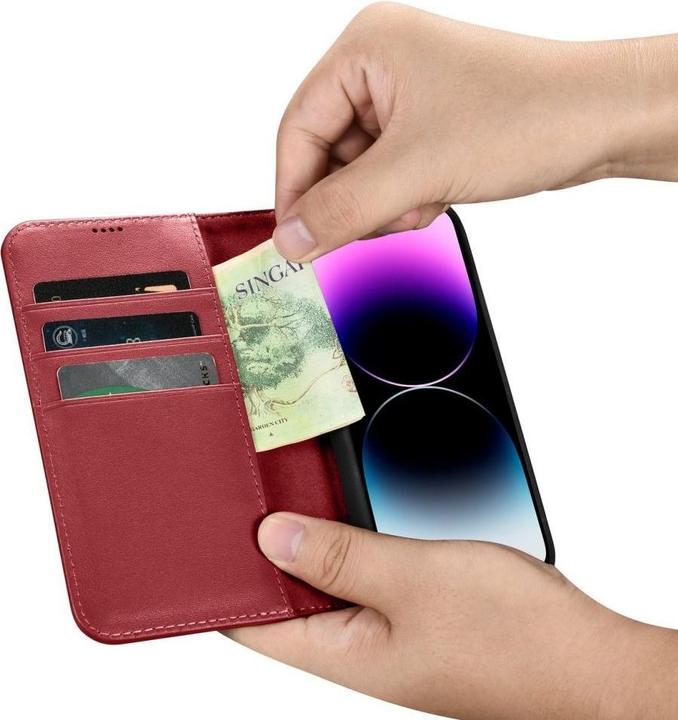 Produktbild iCarer Magazin Wallet Case 2 in1 iPhone 14 Pro Leder Flip Case AntiRFID rot (WMI14220726-RD) (Apple iPhone 14 Pro)