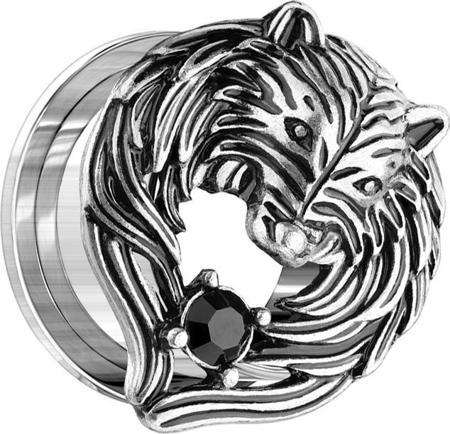 Produktbild Star Piercing Flesh Tunnel altsilber Wolf mit Kristall (Messing, Chirurgenstahl 316L)