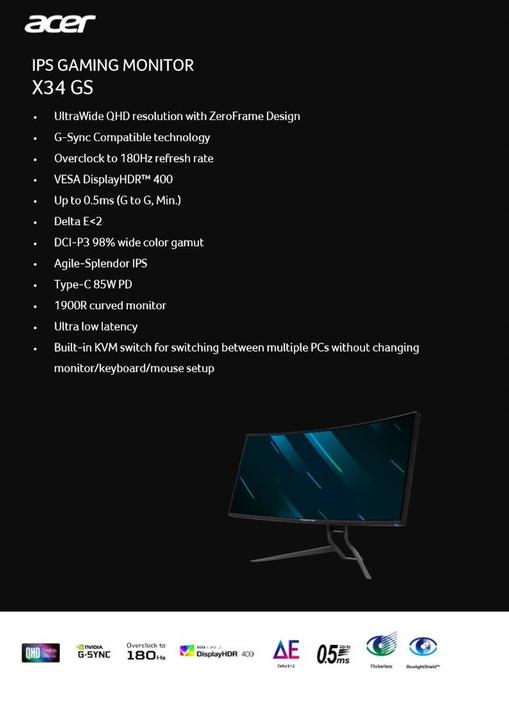 Actual product image Acer Predator X34 Gsbmiipphuzx (3440 x 1440 pixels, 34")
