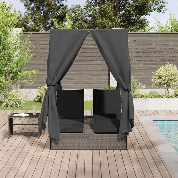 Image du produit VidaXL Doppel-Sonnenliege mit Dach und Vorhängen Grau Poly-Rattan