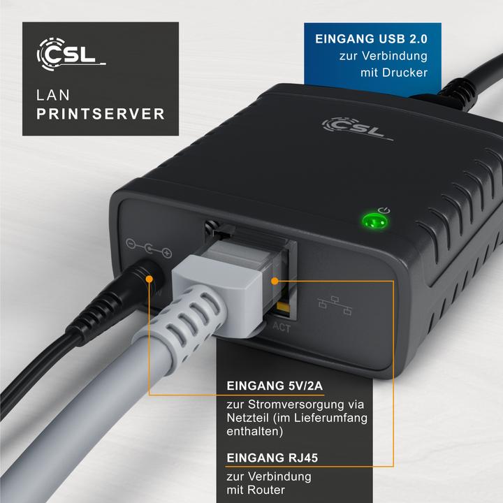 Produktbild CSL LAN Printserver, USB Druckerserver, Netzteil, Fast Ethernet, für PC Windows Vista, XP, 7/8/8.1/10/11