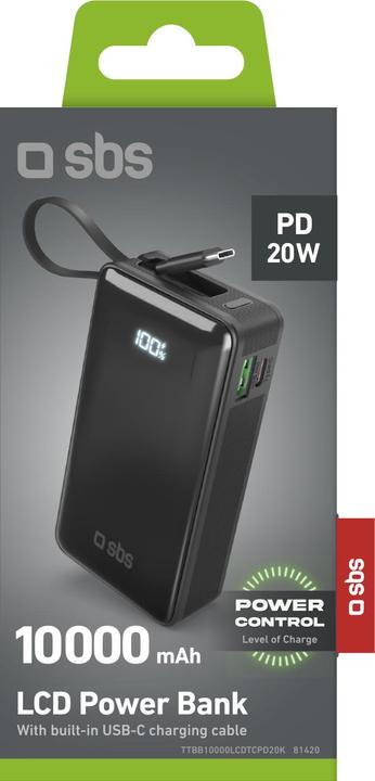 Productafbeelding SBS 10.000 mAh powerbank met geïntegreerde USB-C kabel (10000 mAh, 20 W, 37 Wh)