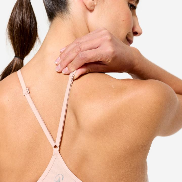 Actual product image Decathlon Sport-Bustier Damen gerippt nahtlos leichter Halt - rosa/blau Print (S)