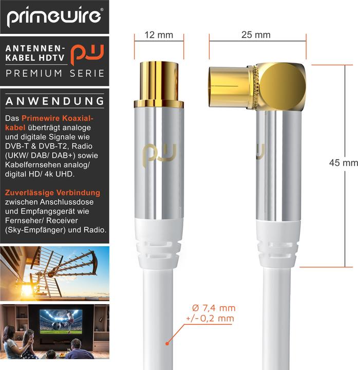 Primewire Antenna cable angled, coaxial cable 75 Ohm HDTV, radio, DVB-T DVB-T2 DVB-S2 TV antenna cable (135 dB, Antenna cable)