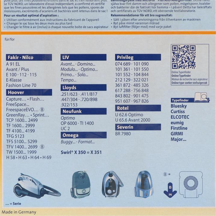 Produktbild Swirl Staubsaugerbeutel X351 (X350) MicroPor Plus für Hoover und LIV Staubsauger