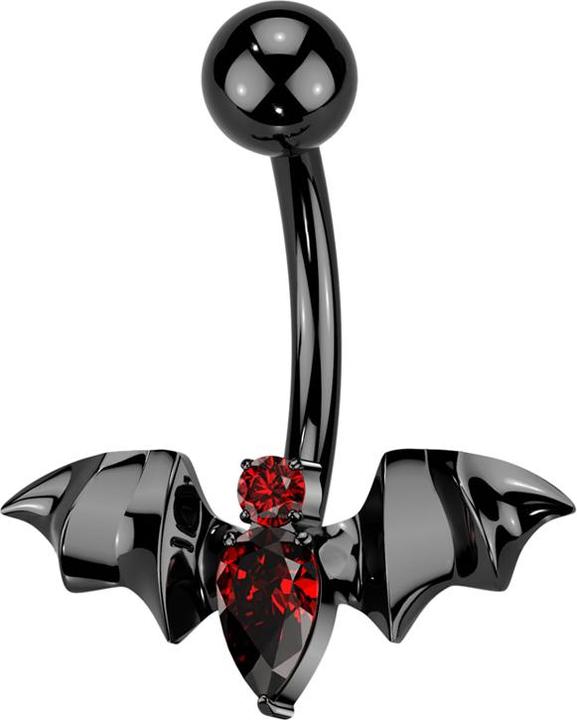 Star Piercing Banane Innengewinde schwarz mit Kugel schwarz und Fledermaus Kristalle rot (Titan G23, ohne Messing)
