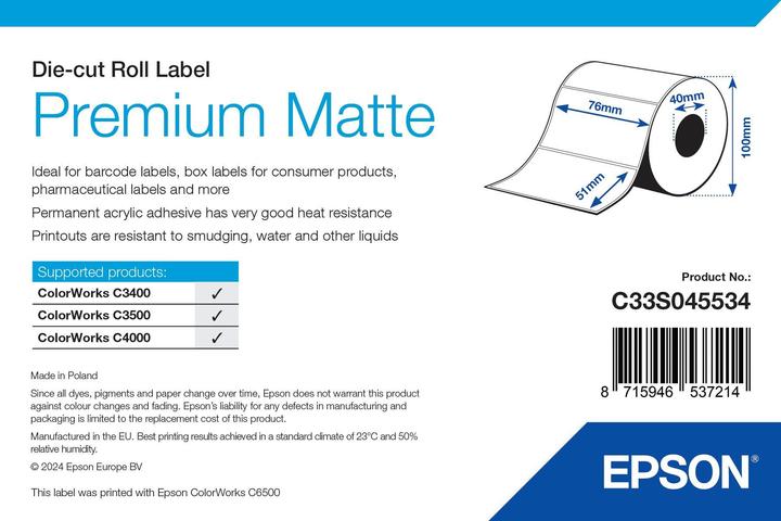 Image du produit Epson C33S045532 Étiquettes de format mates die-cut 76mm x 51mm 650 VE=1 TM-C 3400 3500
