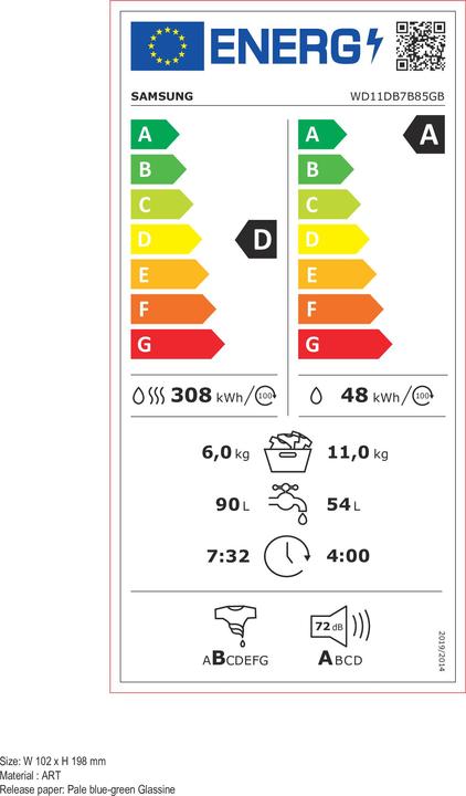Label énergétique Samsung WD11DB7B85GBU3