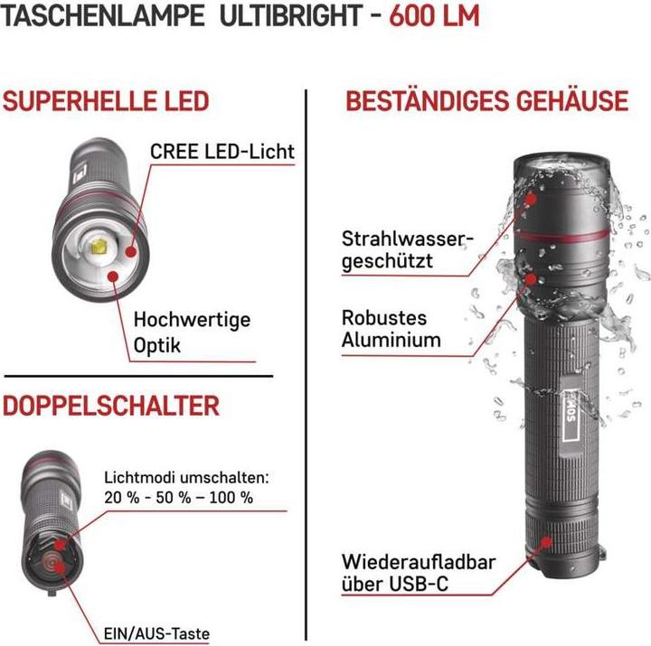 Actual product image Emos CREE LED Rech. Metal Flashlight Ultibright 80, 600lm (15.10 cm, 600 lm)