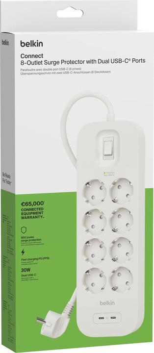 Actual product image Belkin Multiple socket outlet 8-way + 2xUSB-C,900J,30W,2m SRB004vf2MV2 (8 x, USB-A, USB-C, 2 m)