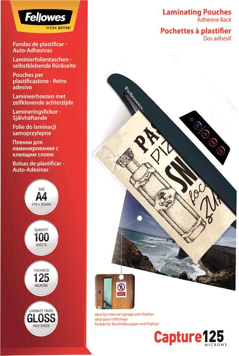 Actual product image Fellowes self-adhesive. Laminate. A4, 125 mic (A4, 100 Piece, 125 µm)