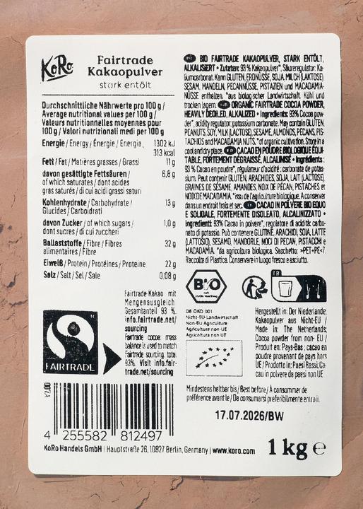 Valori nutrizionali e ingredienti KoRo Cacao in polvere biologico del commercio equo e solidale, fortemente disoleato, alcalinizzato (1000 g)