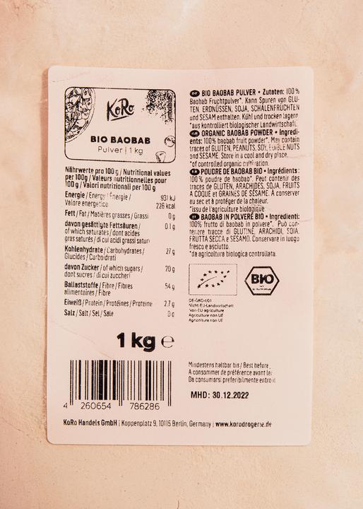 Valori nutrizionali e ingredienti KoRo Polpa di baobab biologica essiccata (1000 g)
