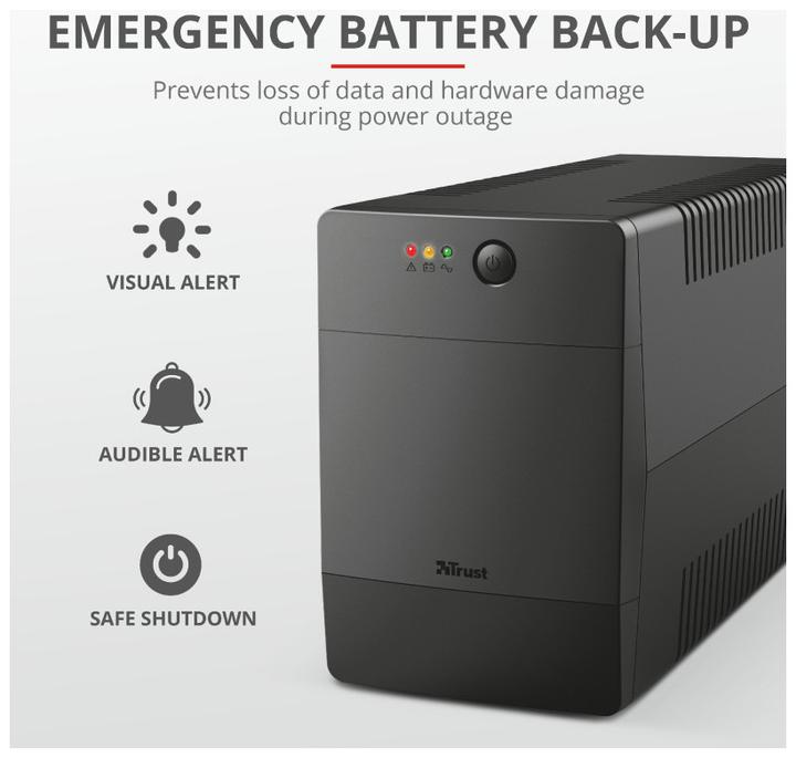 Actual product image Trust UPS||600 Watts|1000 VA|Wave form type Simulated sinewave|23504 (1000 VA, 600 W, Line-interactive UPS)