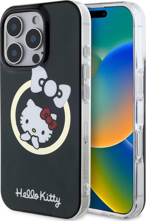 Hello Kitty HKHMP16LHFLBK Custodia rigida per iPhone 16 Pro 6,3" in pelle/nero IML Fun bow Magsafe (Apple iPhone 16 Pro)