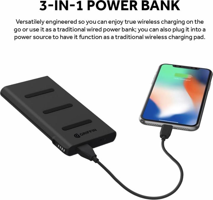 Actual product image Griffin Wireless Charging Power Bank USB-A/ USB-C Port Black (5000 mAh, 10 W)