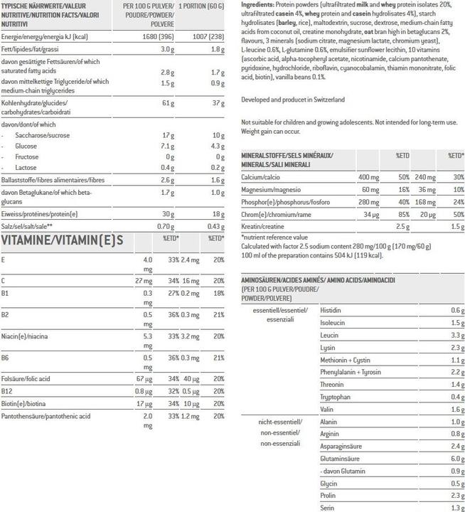 Valeurs nutritives et ingrédients Sponser Pro Mass Gainer (Vanille, 1 pcs, 1200 g)