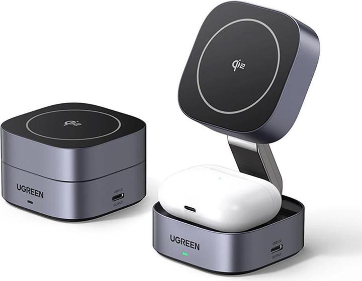 Produktbild Ugreen W702 3in1 inductive charger with MagSafe / Qi2 and USB-C port for phone / headphones - black (15 W)